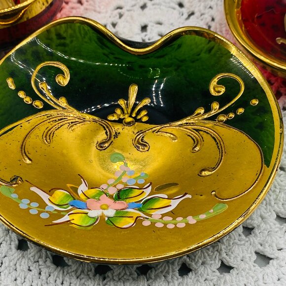 Murano Glass Trinket Dishes: Gold Gilt Painted Flowers, Set of 4 - Picture 2 of 9